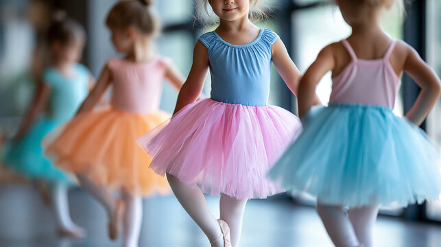 Anonymous toddlers in colorful tutus attempting their first ballet pli&eacute; at a preschool dance class, early childhood movement and creative development concept, faceless, defocused