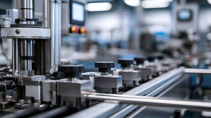 Fototapeta premium A close up view of an automated industrial production line featuring modern metal hinery and digital interfaces