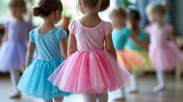 Anonymous toddlers in colorful tutus attempting their first ballet pli&eacute; at a preschool dance class, early childhood movement and creative development concept, faceless, defocused
