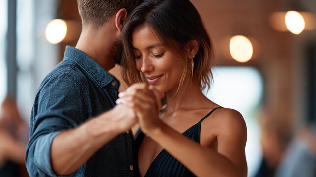 Anonymous couple practicing Latin dance together during a studio lesson, social dance and partner connection concept, faceless, defocused, with copy space