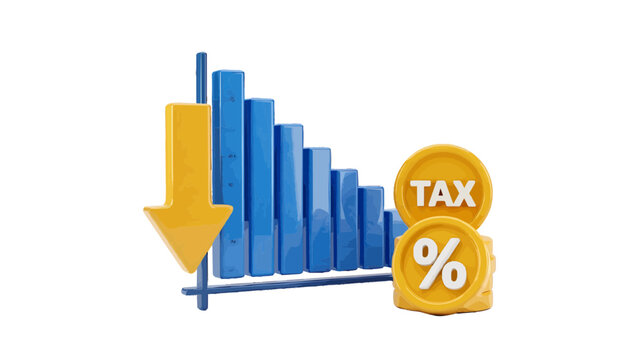 Vector illustration of 3d bar chart with downward arrow and tax coins on a transparent background