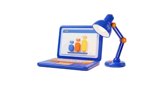 Vector illustration of 3d laptop with business chart and desk lamp on a transparent background