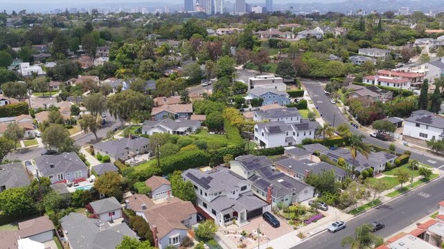 American suburb with green landscape and downtown skyline background, showcasing suburban architecture and real estate development