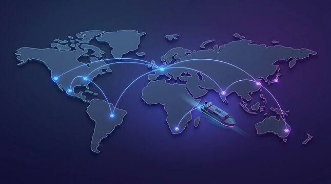 Global logistics and international shipping network with a cargo ship moving across a dark blue map with glowing connection routes