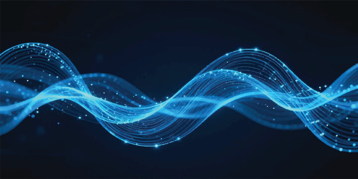 An abstract blue 3d DNA helix structure flows with fractal waves and digital light lines against a black space background vector illustration