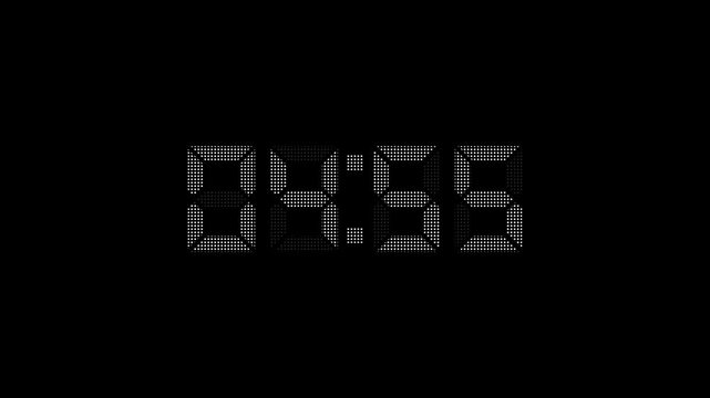 White color dotted LED style digital clock countdown timer displaying numbers 5 to 4 minute on a black background for time management and Motion graphics of timer concept