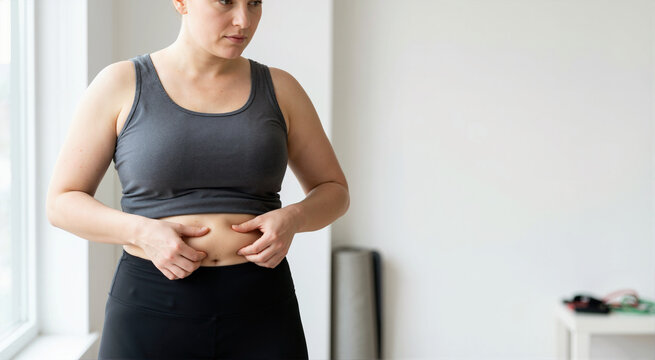 Woman pinching belly fat on her stomach indoors. Female checking abdomen skin folds for weight loss progress. Copy space for text