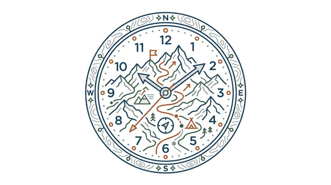 Mountain landscape clock face with winding path and compass points.