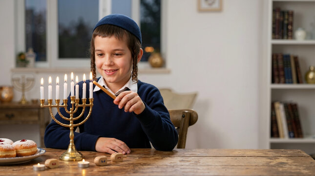 Smiling Jewish boy wearing kippah lighting golden Hanukkah menorah. Child celebrating Festival of Lights with dreidels and sufganiyot at home