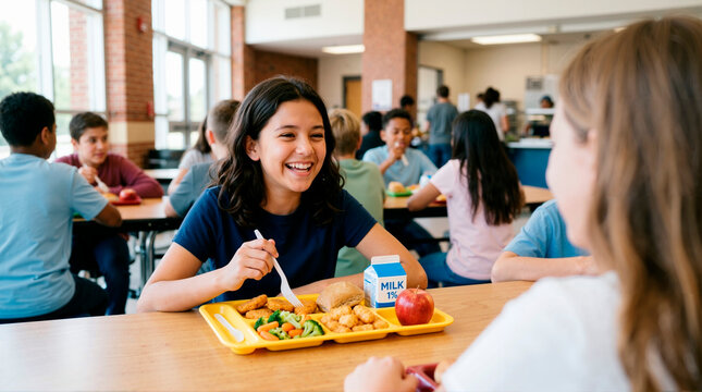 Smiling middle school girl eating hot lunch in cafeteria. Happy student with food tray containing chicken nuggets vegetables and milk