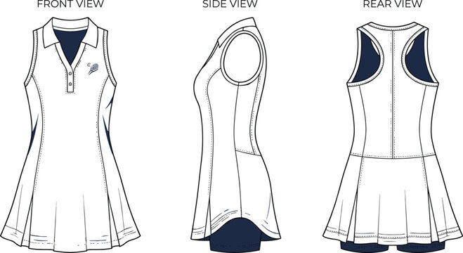 Technical flat sketch of a sleeveless tennis dress with pleated skirt, collar, and inner shorts design