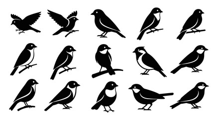 Collection of black silhouette illustrations depicting various small birds in different poses, including flying and perching on branches. © Agus