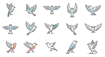 A collection of stylized bird icons in various poses, featuring line art with subtle blue and orange accents, depicting different avian forms flying and standing. © Agus