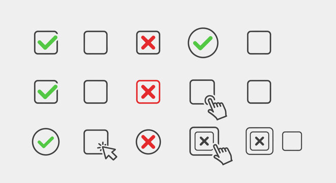 Set of user interface icons showing checkmarks, crosses, and interactive elements for forms and selections with mouse cursors.
