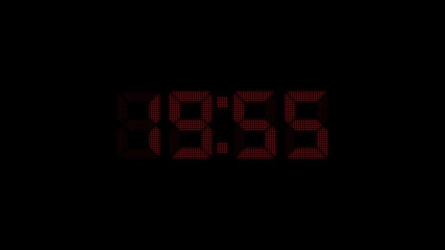 Red color dotted LED style digital clock countdown timer displaying numbers 20 to 19 minute on a black background for time management and Motion graphics of timer concept