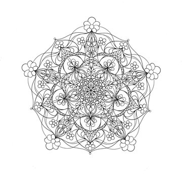 floral mandala in black vector line art on white background with copy space