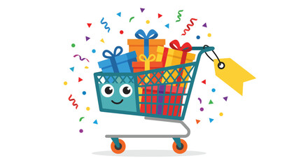 Happy shopping cart character filled with gifts and confetti. © Koreng