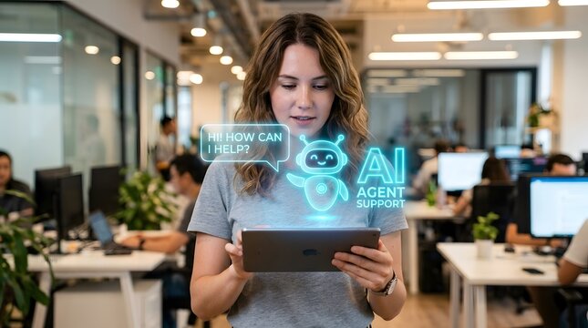  Smiling young woman in grey t-shirt holding tablet with blue holographic AI agent support chat interface featuring robot icon in modern open-plan office
