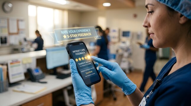 Close-up of healthcare worker in surgical scrubs and blue gloves completing patient feedback form on smartphone with star rating and care experience details in hospita