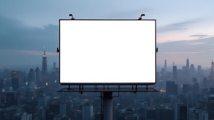 Fototapeta premium Empty billboard with city skyline at dusk