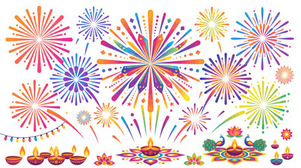 Collection of festive Diwali icons including fireworks and rangoli. © Joni