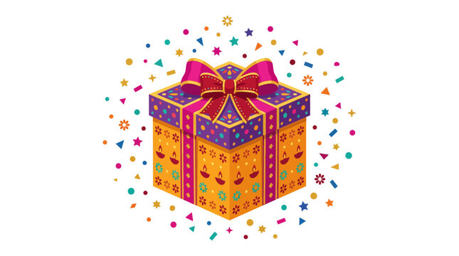 Festive Diwali gift box with colorful patterns and confetti.