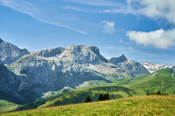 Fototapeta premium Panoramic alpine mountains and green meadow under a blue summer sky with scattered clouds