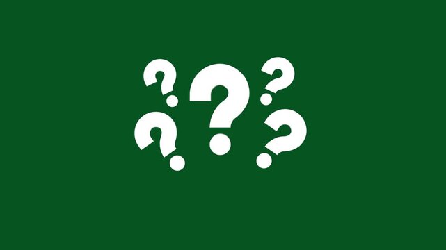 White question mark symbol, hand drawn white chalk question marks animation on green background. question animation pop up question mark flat, representing curiosity confusion uncertainty. 4k video