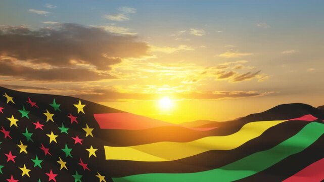 Alternative Juneteenth Flag with sunrise or sunset. Since 1865. Design of Banner with place for text. Video concept.