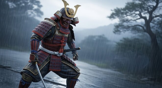 Ancient Japanese Samurai Warrior in Full Armor with Katana Sword in a Misty Forest.