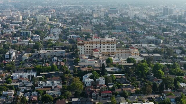 Urban landscape in Hollywood, Los Angeles, with prominent Church of Scientology Celebrity Centre International building