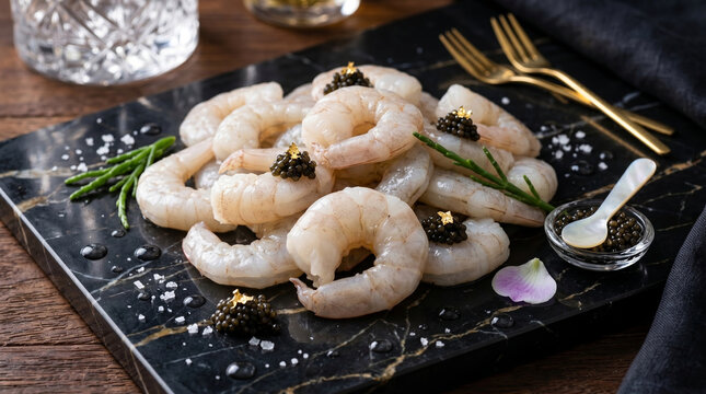 Luxury Presentation Of Peeled Raw Shrimps Garnished With Black Caviar Delicacy