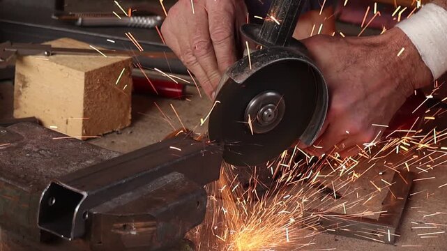 Worker using an angle grinder to cut a steel tube in a metal workshop. Flying sparks illuminate the fabrication process during industrial manufacturing and engineering work.