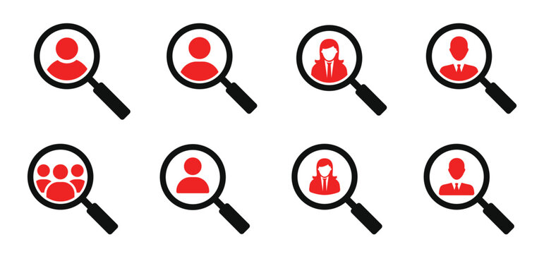 Red and black magnifying glass with human silhouettes for recruitment and personnel search on transparent background