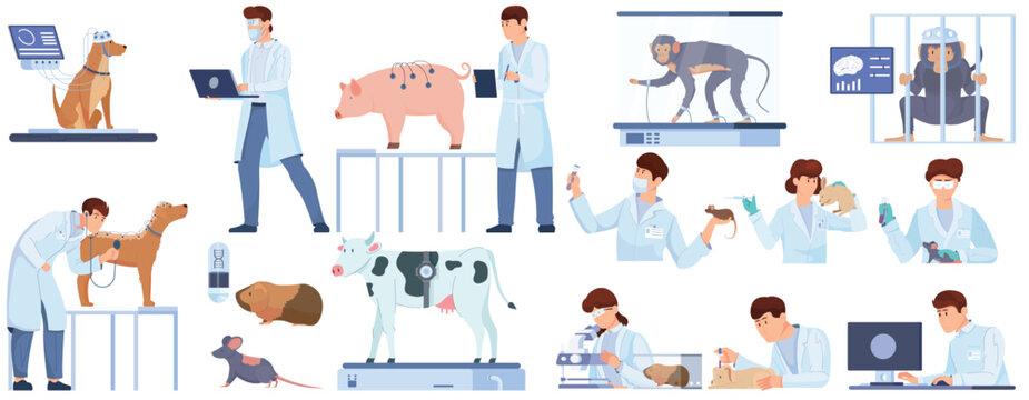 Animal Testing Laboratory and Scientific Research Icons Set with Scientists in Lab Coats Conducting Clinical Experiments on Monkey Pig Cow Mice and Dogs