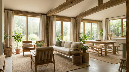 Fototapeta premium Cozy Sustainable Living Room with Natural Materials. Wide environmental shot of eco-friendly interior with wooden furniture and natural textiles, soft daylight highlighting green lifestyle