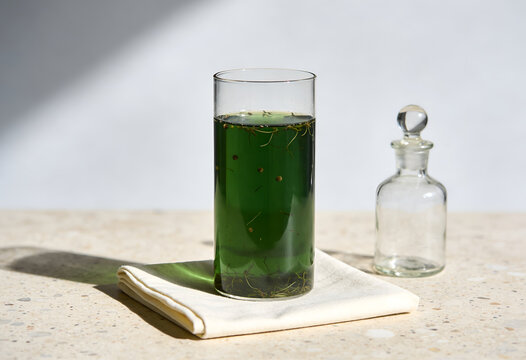 Glass of green juice on a white napkin with a clear bottle nearby