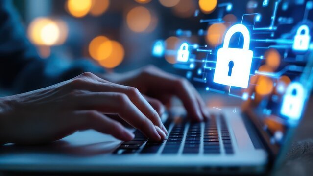 Hand typing on keyboard with security lock icon