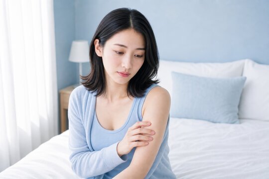 白いベッドで腕を保湿する美容習慣の女性