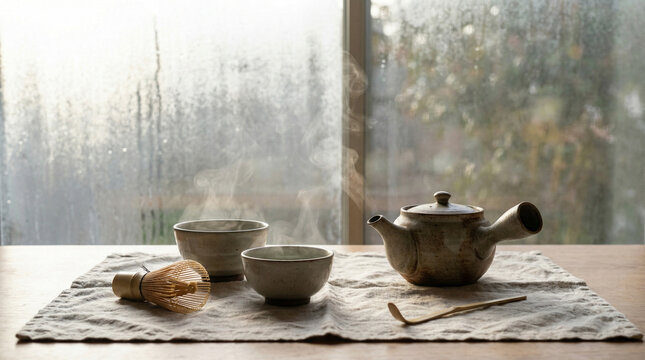 Cozy Morning Tea Ceremony Setup Natural Window Light. Ceramic teapot with matcha green tea set on linen cloth near frosted window, soft diffused morning light illuminating steam wisps