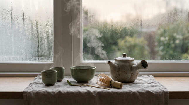 Cozy Morning Tea Ceremony Setup Natural Window Light. Ceramic teapot with matcha green tea set on linen cloth near frosted window, soft diffused morning light illuminating steam wisps