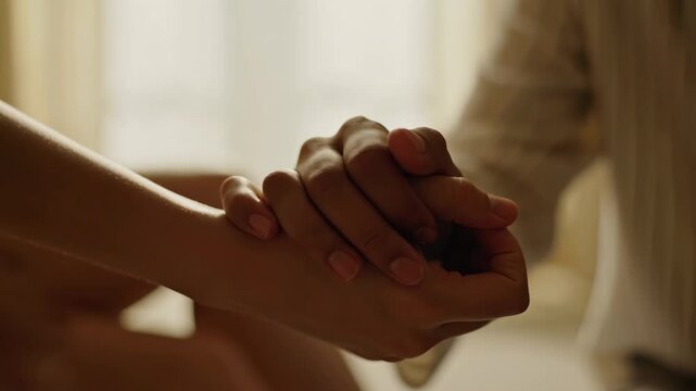Close-up of two people holding hands for comfort and support