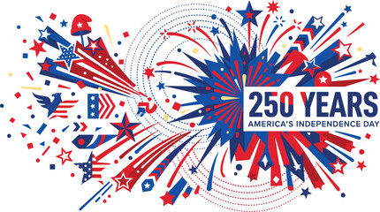 Fototapeta premium A vibrant graphic illustration celebrating two hundred fifty years of american history featuring patriotic red white and blue fireworks and stars on white background