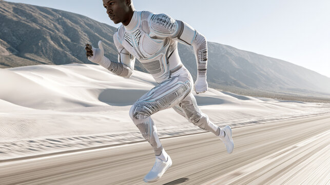 Futuristic Male Athlete Running on Sand Dunes: Cutting-Edge Sportswear and Endurance Performance