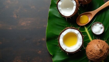 Obraz premium Coconut oil and MCT oil on green leaf. Whole coconut and half with yellow liquid inside. Wood spoon holds oil drop, small bowl has solid oil.