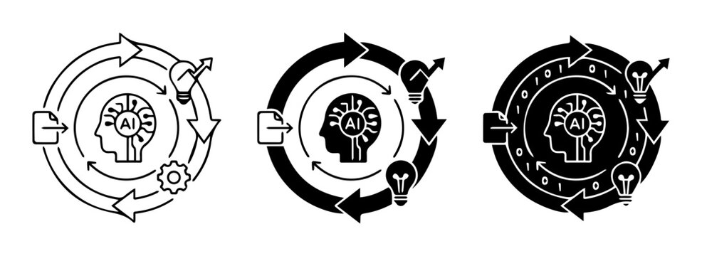 Brain cycle icons, human head arrow loops, gear cycle symbols, black and white vector graphics