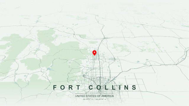 Modern minimalist vector map of Fort Collins, Colorado, USA. High-quality scalable illustration of Fort Collins city grid, Cache la Poudre River contours for posters design.