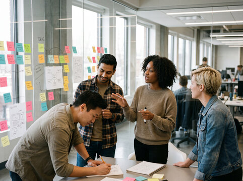 Group of business people working together brainstorming ideas in office