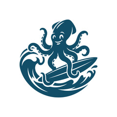 Surfing octopus mascot riding a wave character illustration © keranacinta