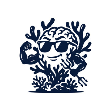 Strong brain coral character with sunglasses and trident.
